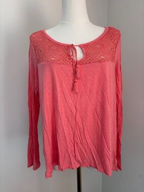 Cape Juby Coral Crochet Yoke Tassel Long Sleeve Top